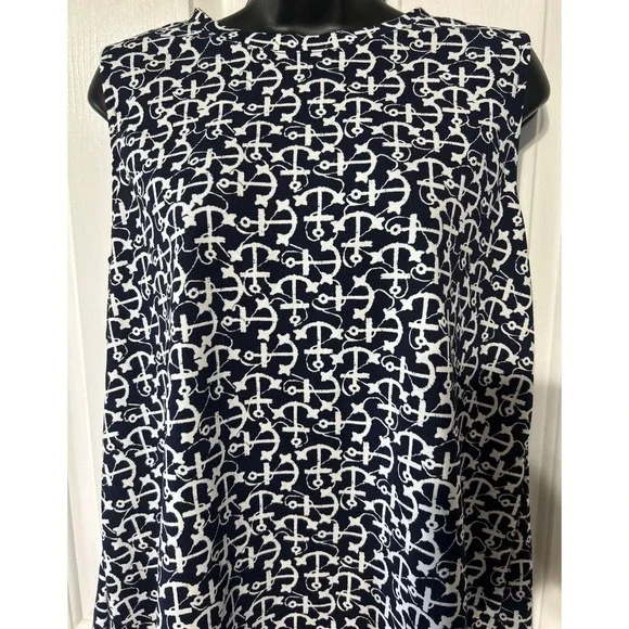 Jones New York Navy Blue White Anchor Print Sleeveless Nautical Blouse Top M - Picture 3 of 7